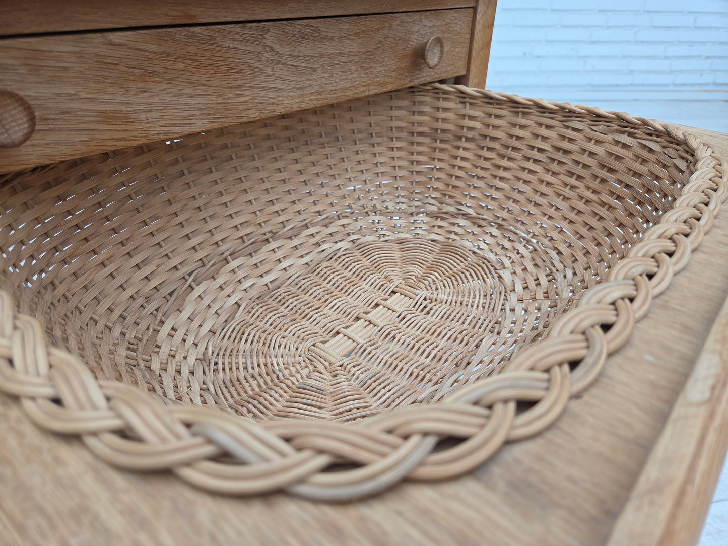 1970s, Scandinavian side table with drawers, solid oak wood, rattan.