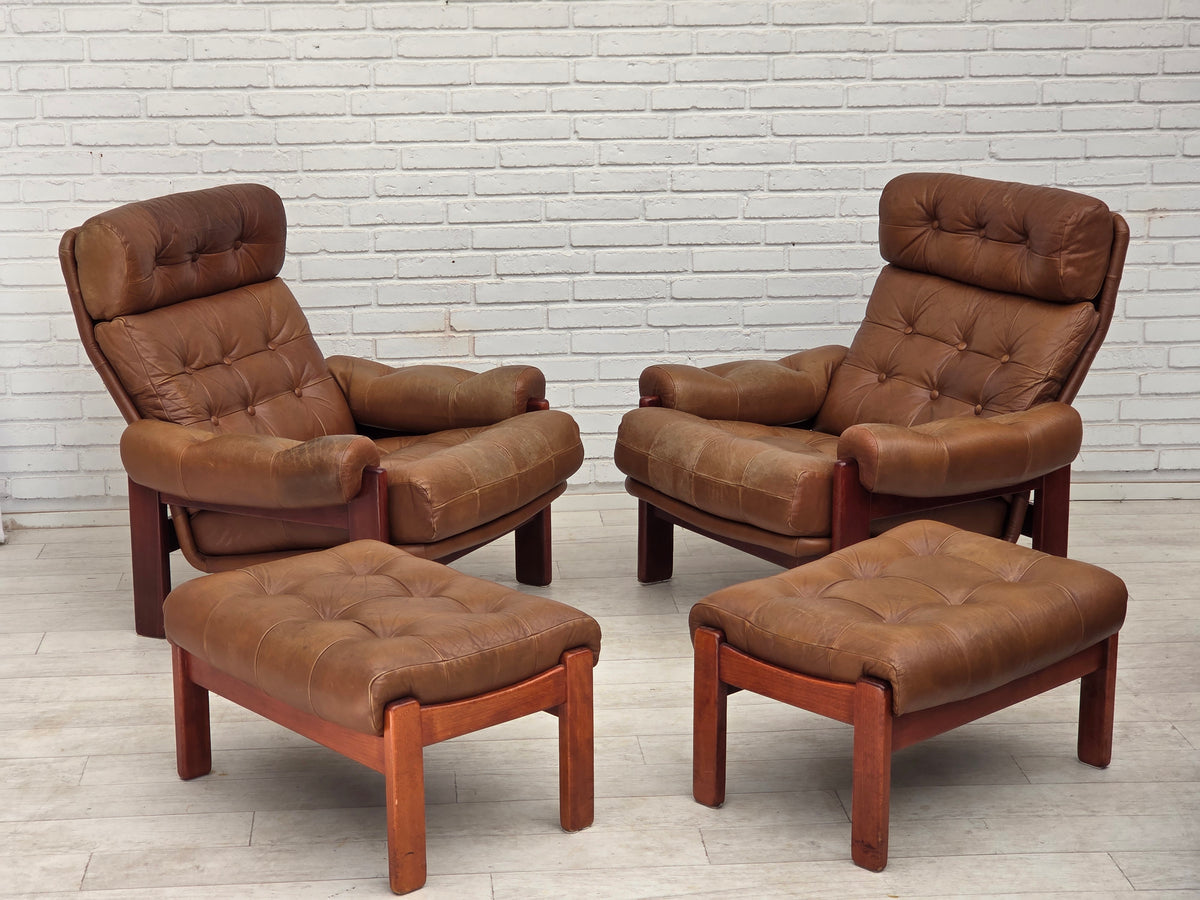 1970s, Swedish design, armchair with footstool, furniture leather.