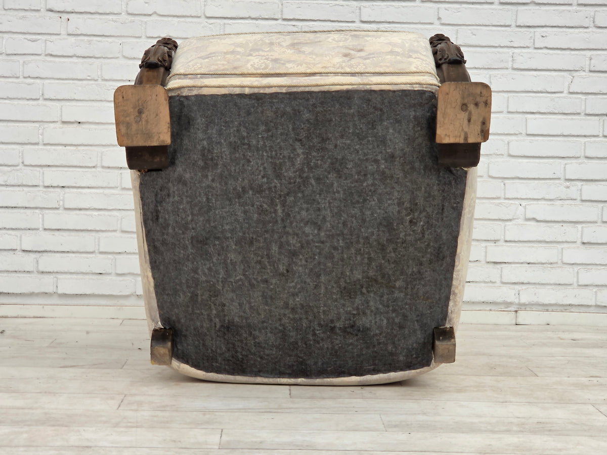 1960s, Danish armchair, furniture jacquard fabric, hand carved ash wood.