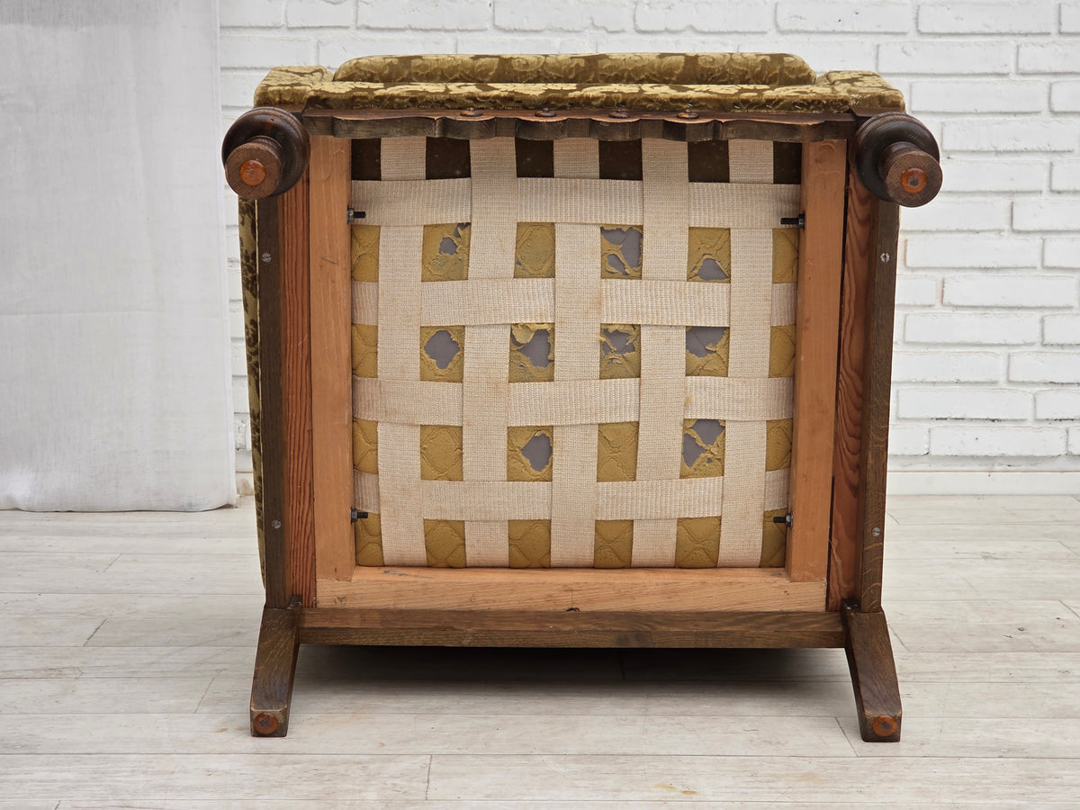 1960s, Danish armchair, furniture velour, carved oak wood.