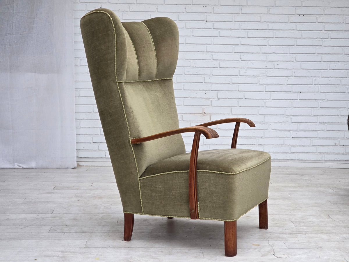 1960s, Danish highback armchair, furniture velour, oak wood.