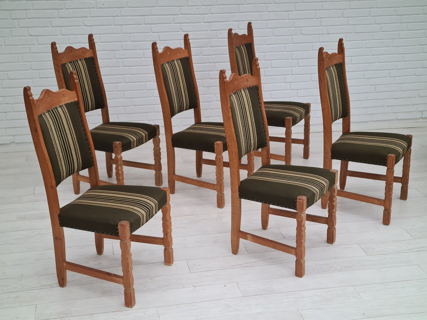 1960s, Original Danish design, Henning Kjærnulf style, set of high back dinning chairs, oak wood.