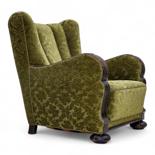 1950s, Danish relax chair, furniture velour, oak wood.