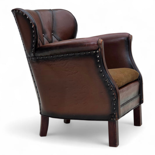 1930s, Danish armchair, brown furniture leather, velour.