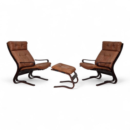 1970s, Norwegian design by Else & Nordahl Solheim, set of 2 chairs with footstool, model "Kengu".