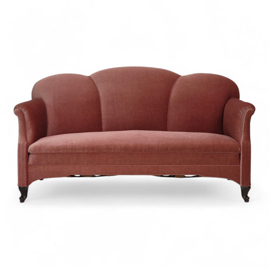 1950s, Danish 2-seater sofa, salmon pink furniture velour, oak wood legs.
