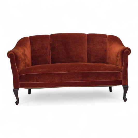 1950s, Danish 2-seater sofa, furniture velour, oak wood legs.