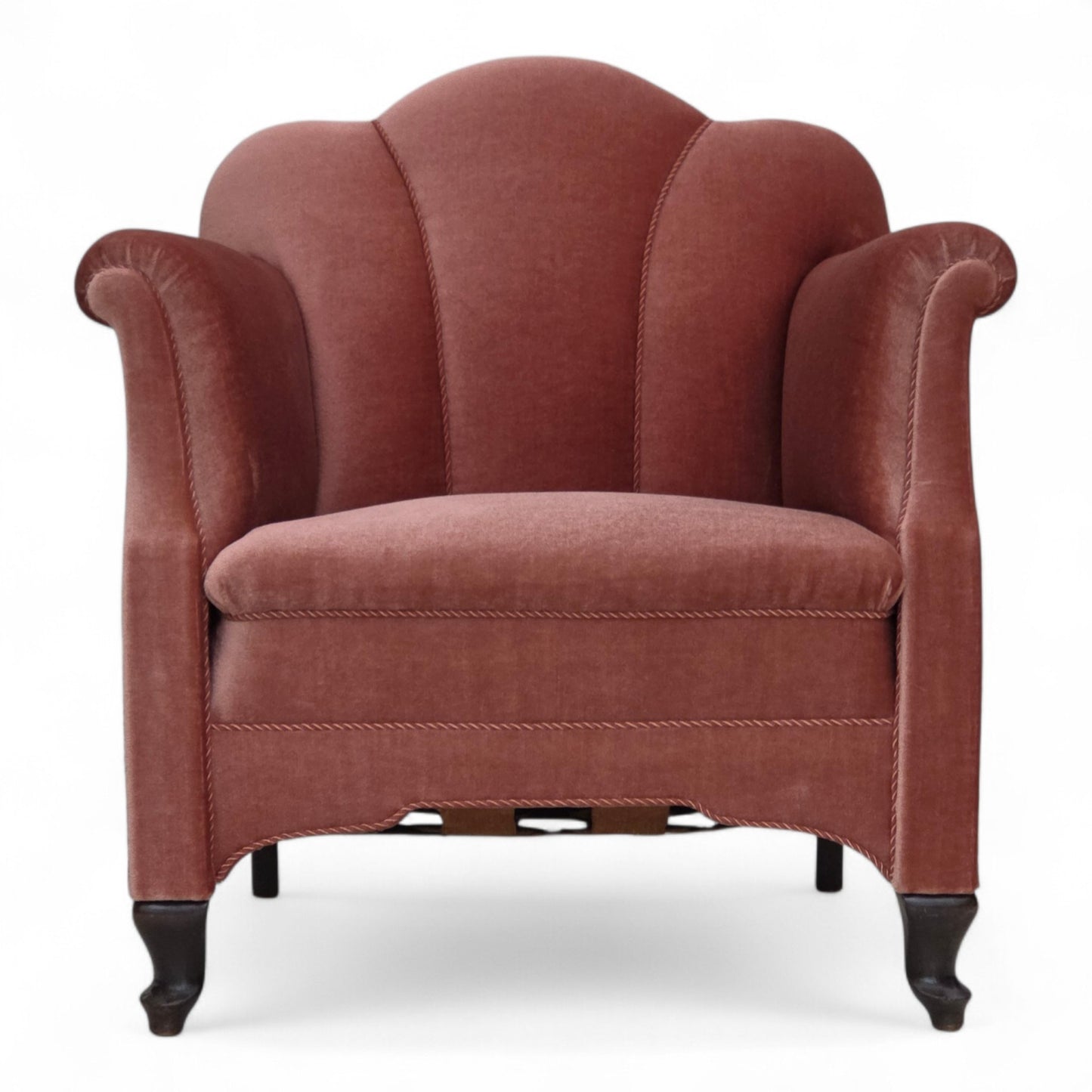 1950s, Danish armchair, salmon pink furniture velour, oak wood.