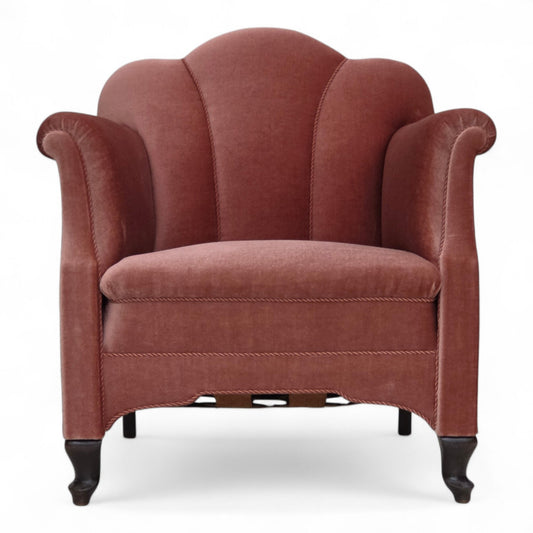 1950s, Danish armchair, salmon pink furniture velour, oak wood.