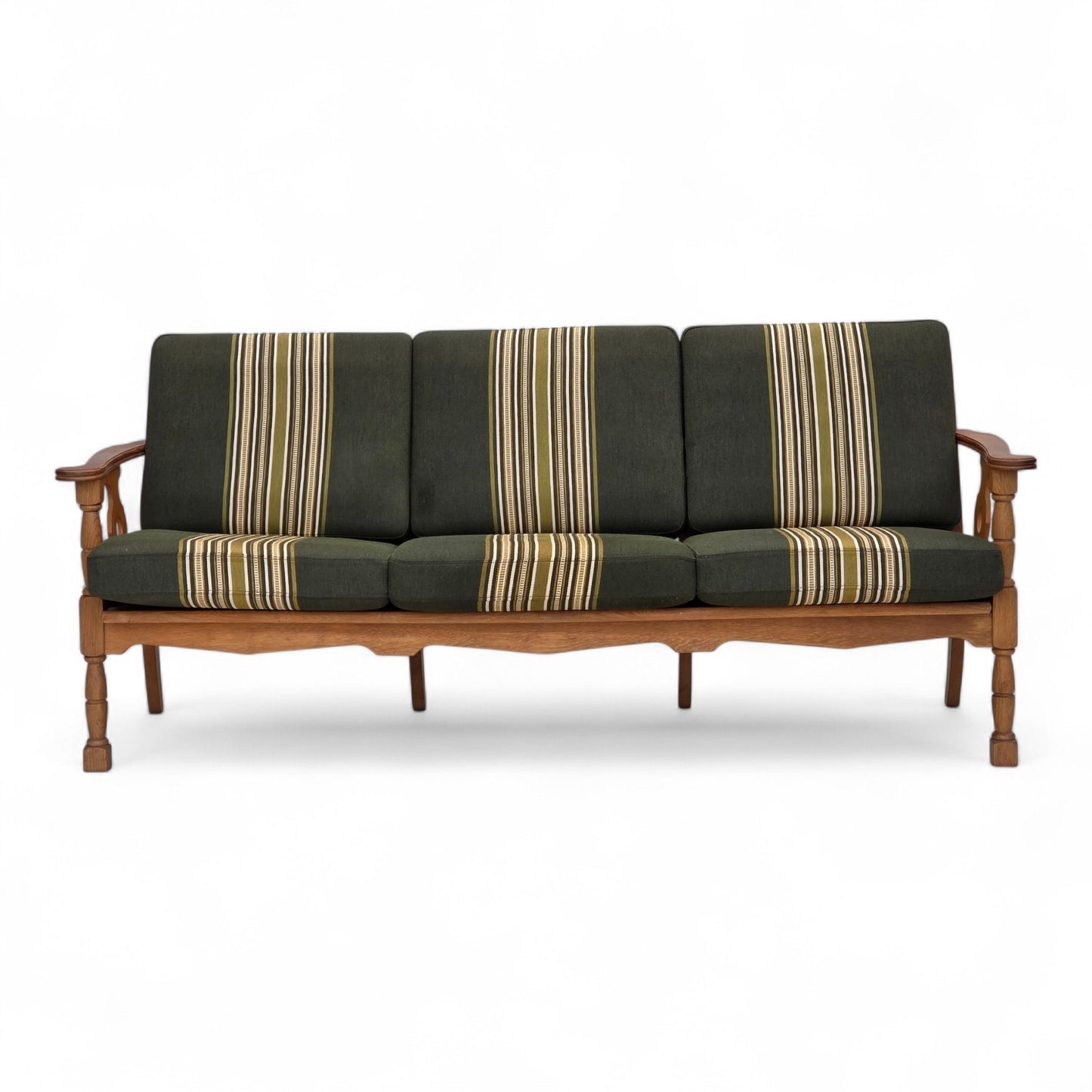 1970s, Danish 3-seater sofa, green furniture wool, solid oak wood.