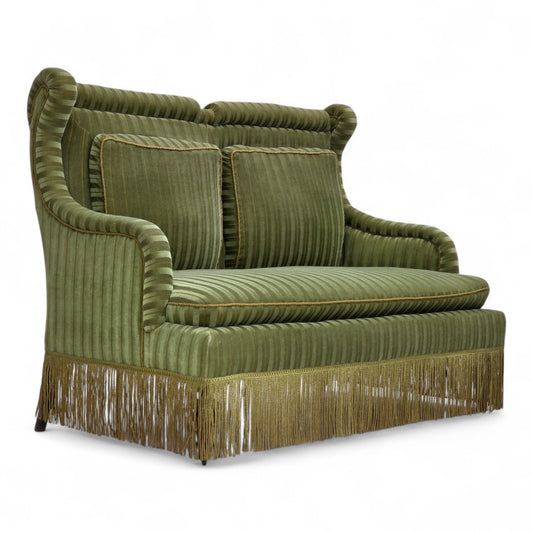 1950s, Danish 2-seater sofa, green furniture velour, beech wood.