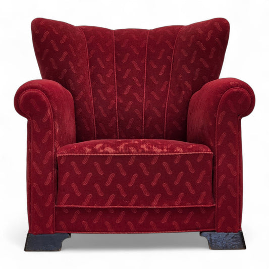 1950s, Danish relax armchair, red furniture wool, oak wood.