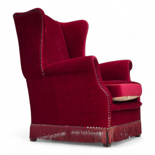 1970s, Danish highback armchair, red furniture velour, ash wood.