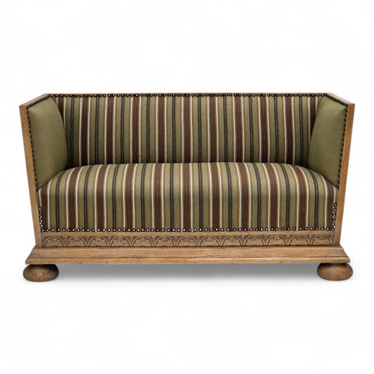 1950s, Danish 2-seater sofa, original striped green furniture wool, oak wood.