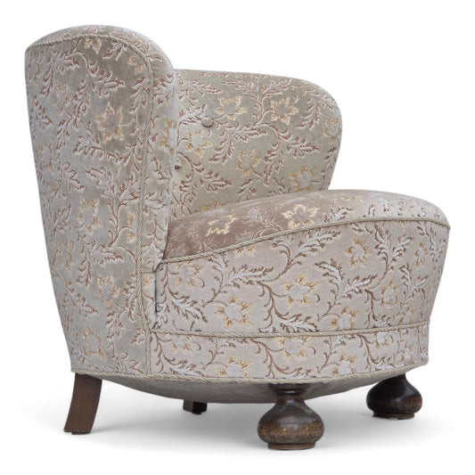 1970s, Danish curved armchair, original light green/gray furniture velour.