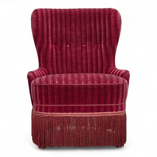 1960s, Danish armchair, original striped red furniture velour.