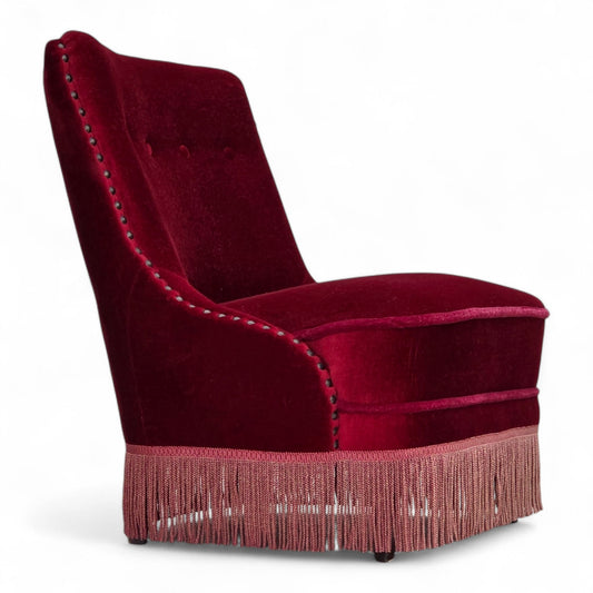 1960s, Danish armchair, original red furniture velour, beech wood legs.