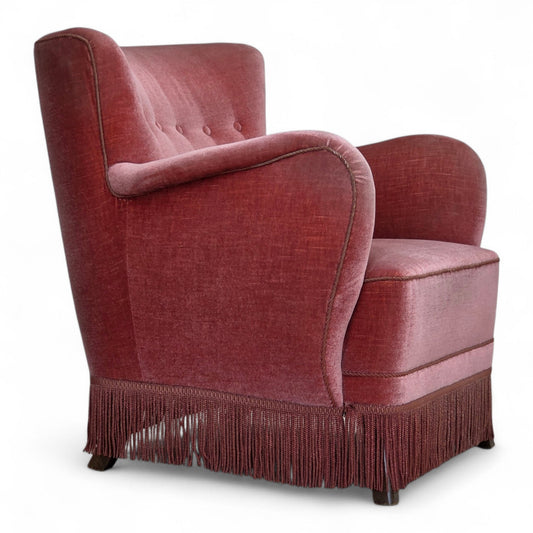 1970s, Danish armchair, salmon pink furniture velour, oak wood.