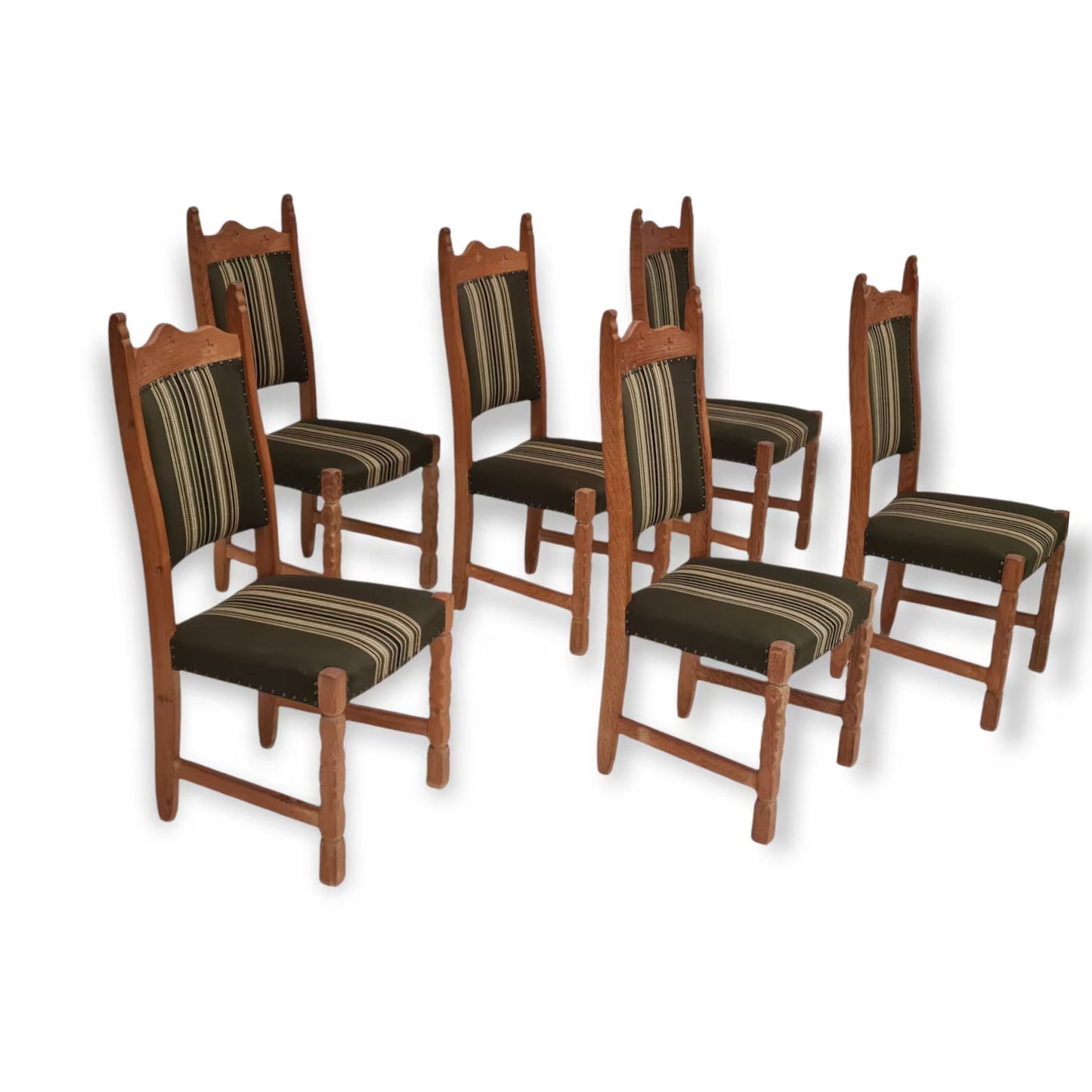 1960s, Original Danish design, Henning Kjærnulf style, set of high back dinning chairs, oak wood.