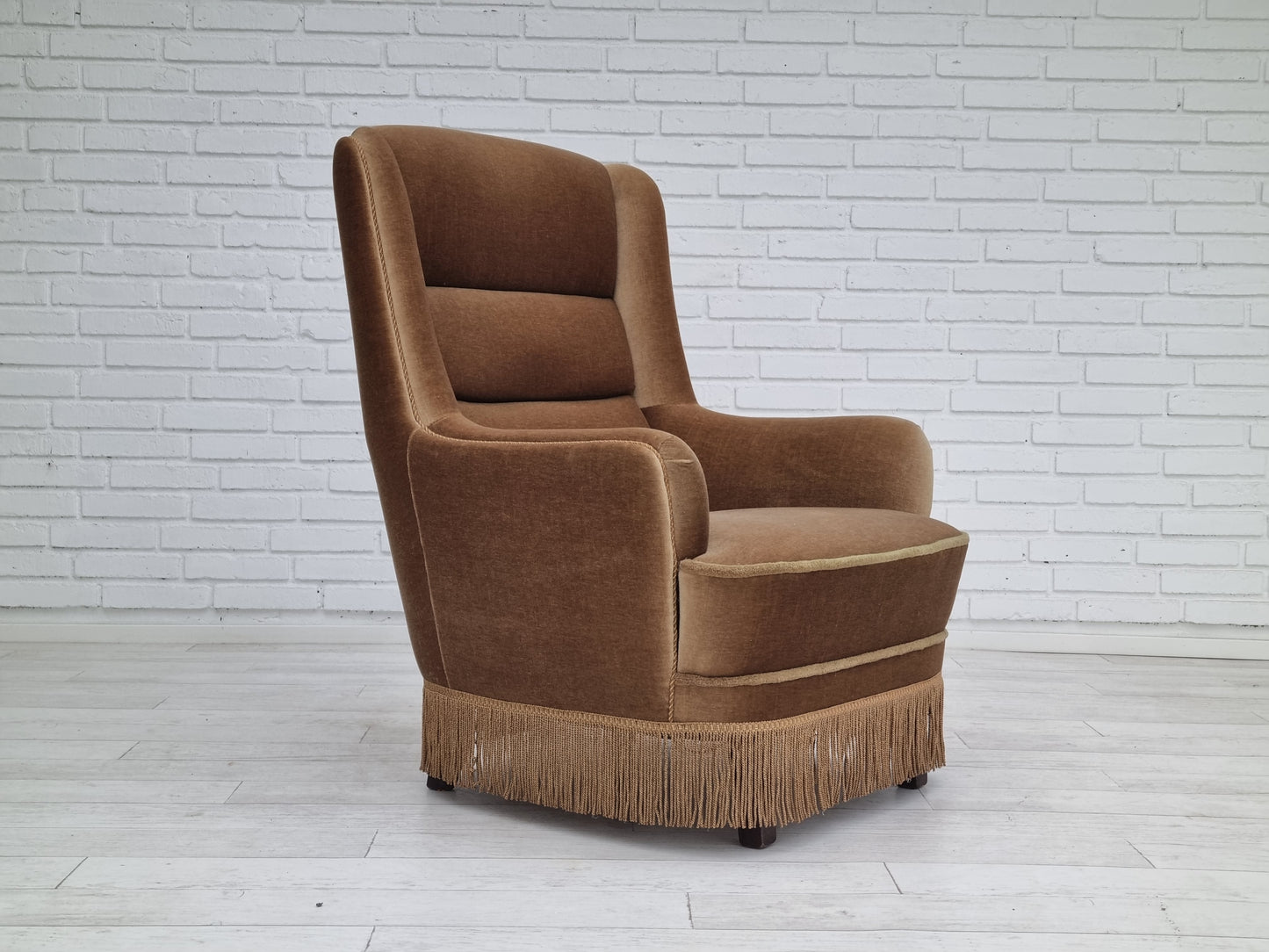 1960s, Danish high back armchair, original upholstery, green velour.