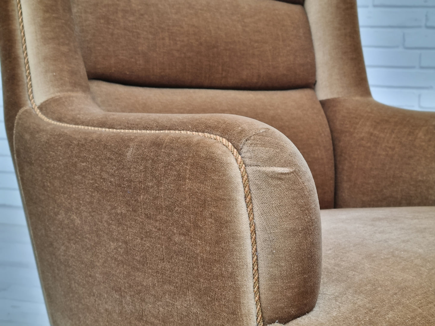 1960s, Danish high back armchair, original upholstery, green velour.