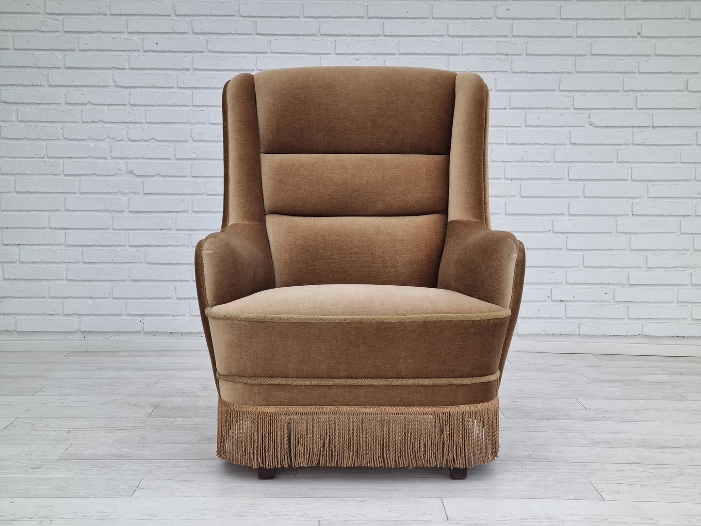 1960s, Danish high back armchair, original upholstery, green velour.