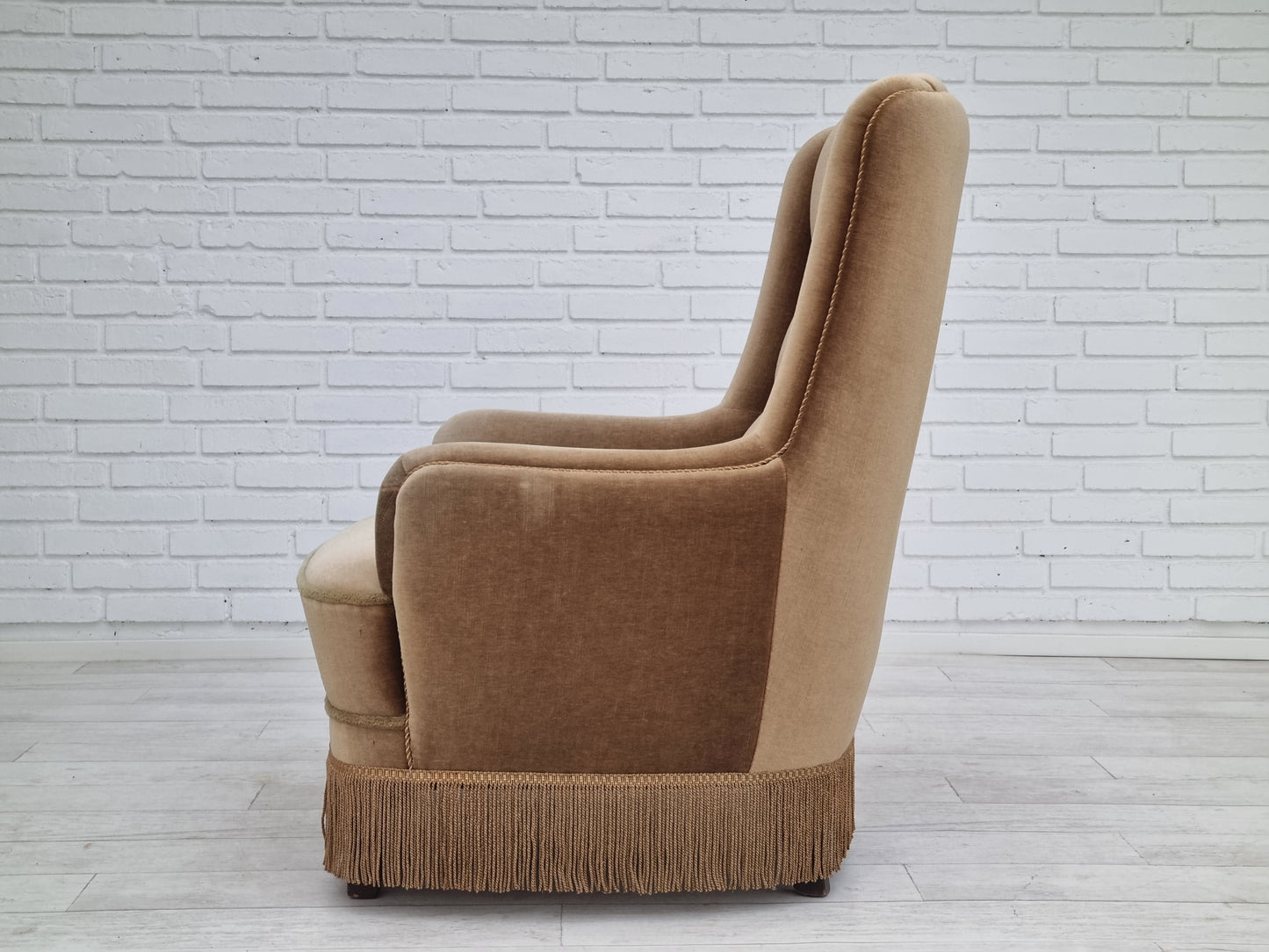 1960s, Danish high back armchair, original upholstery, green velour.