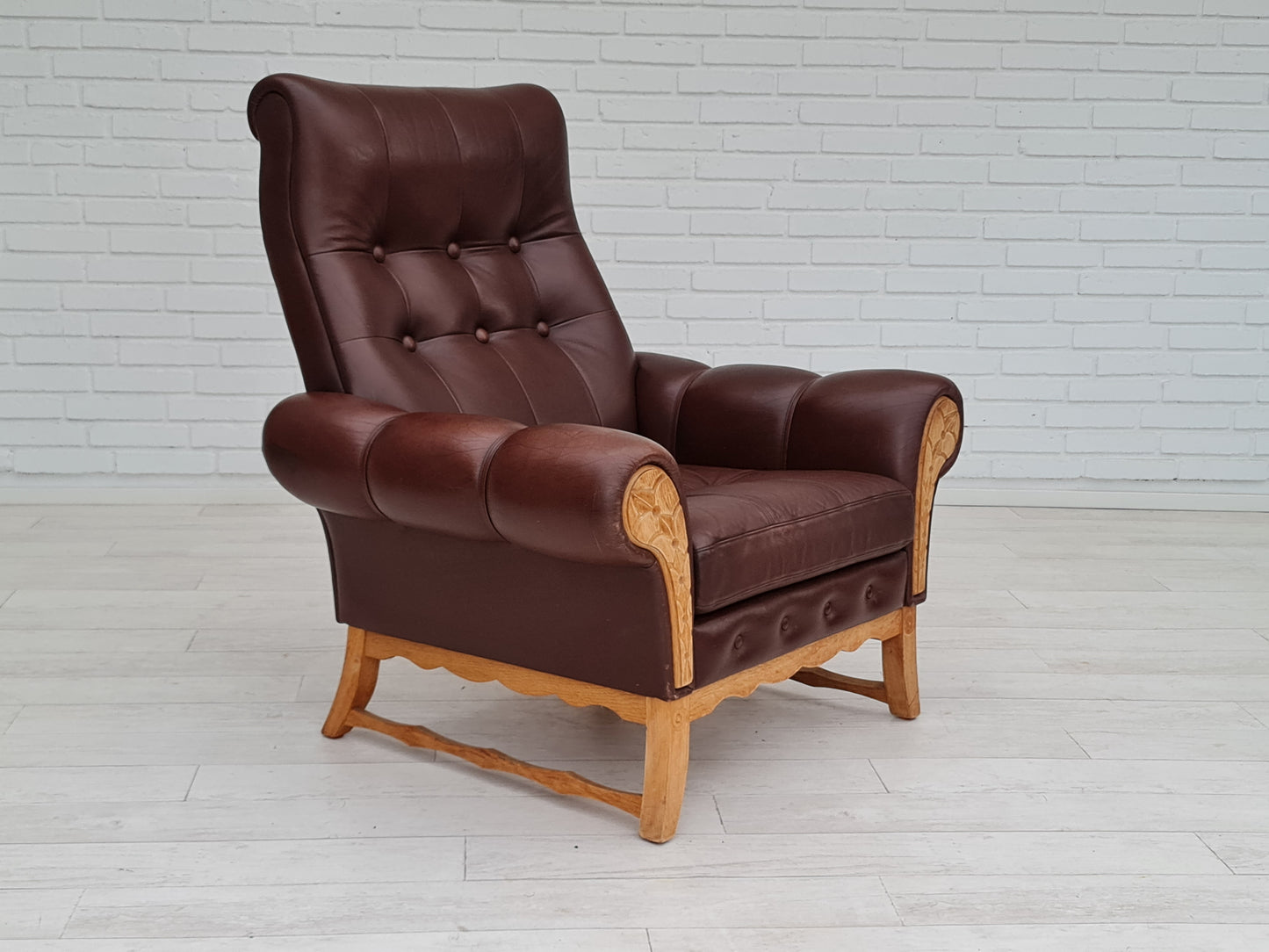 1970s, vintage Danish highback armchair, leather, oak wood.