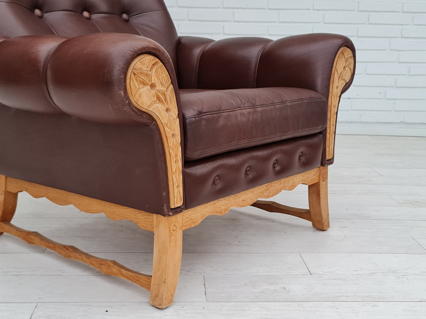 1970s, vintage Danish highback armchair, leather, oak wood.