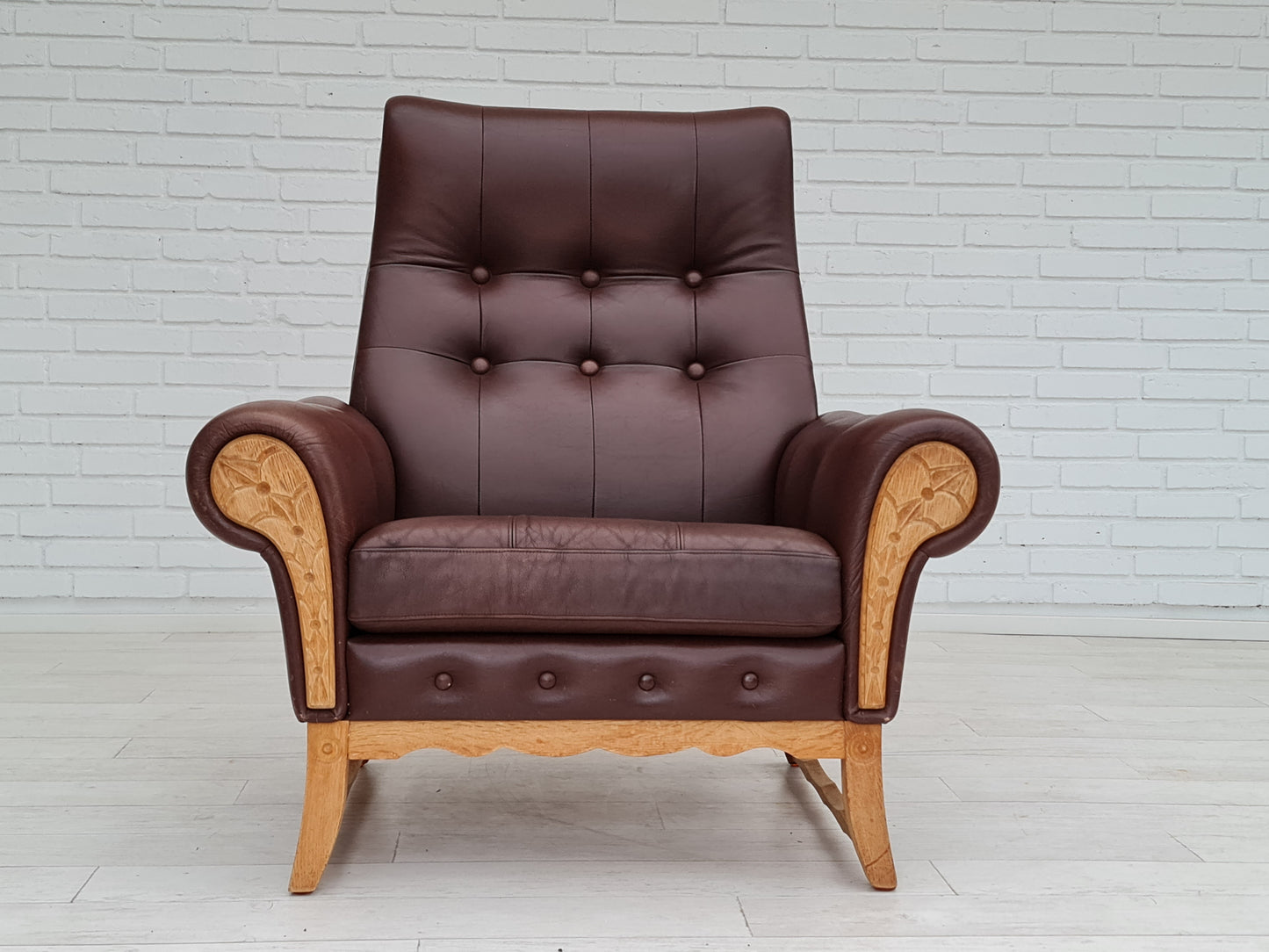 1970s, vintage Danish highback armchair, leather, oak wood.