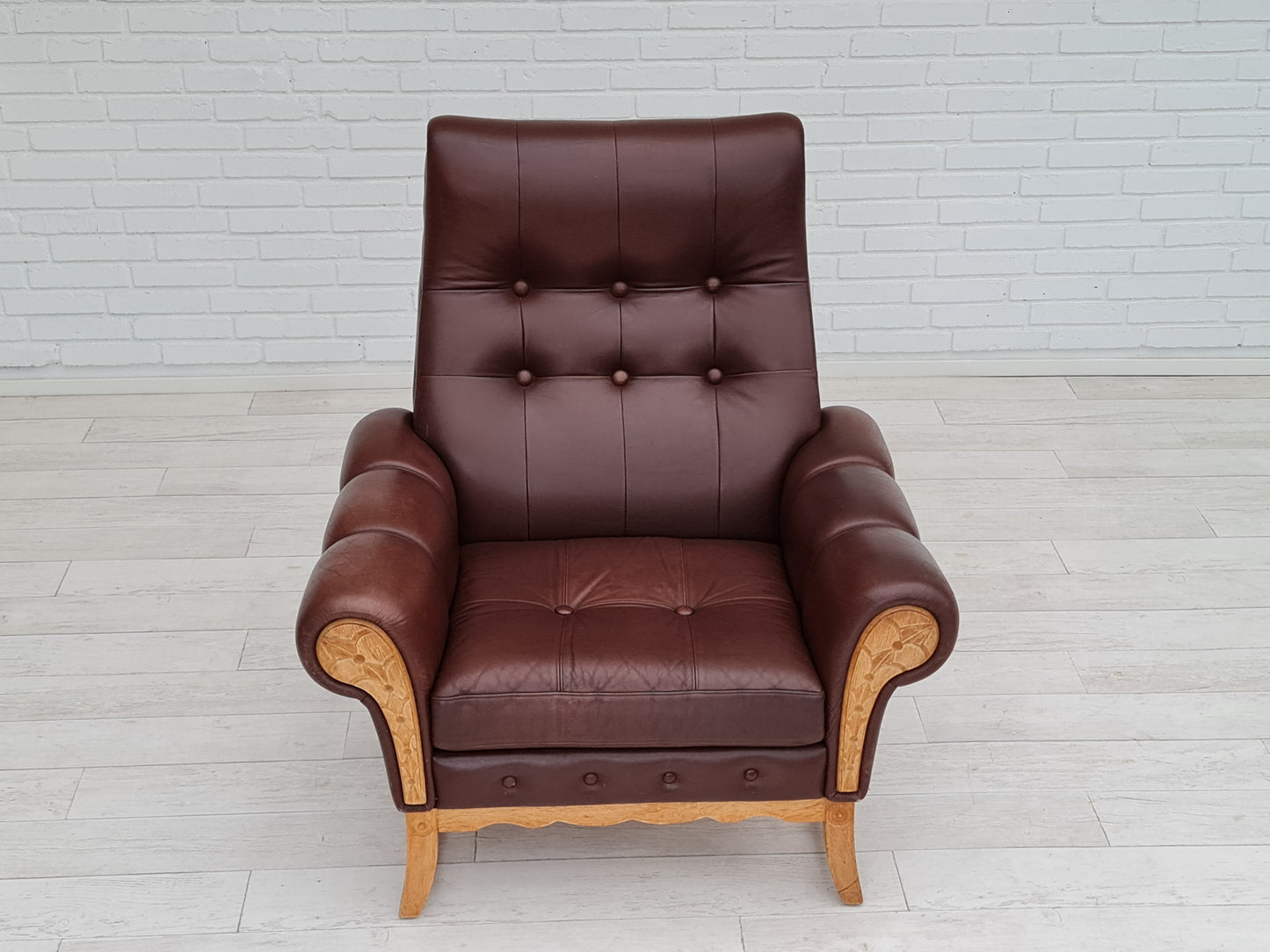 1970s, vintage Danish highback armchair, leather, oak wood.