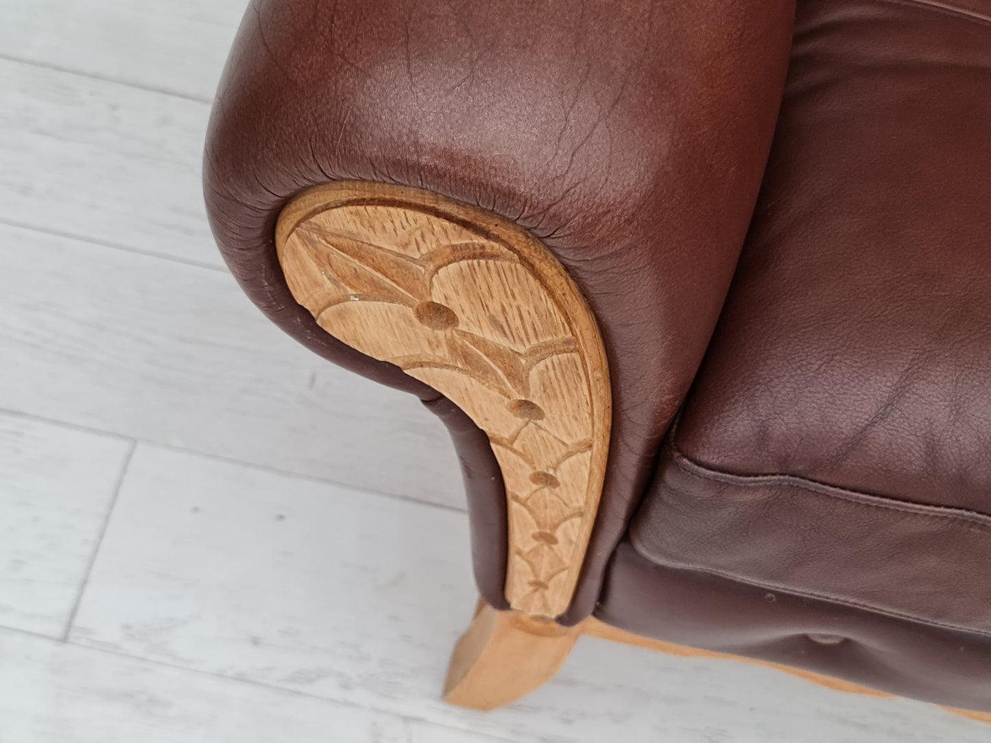 1970s, vintage Danish highback armchair, leather, oak wood.