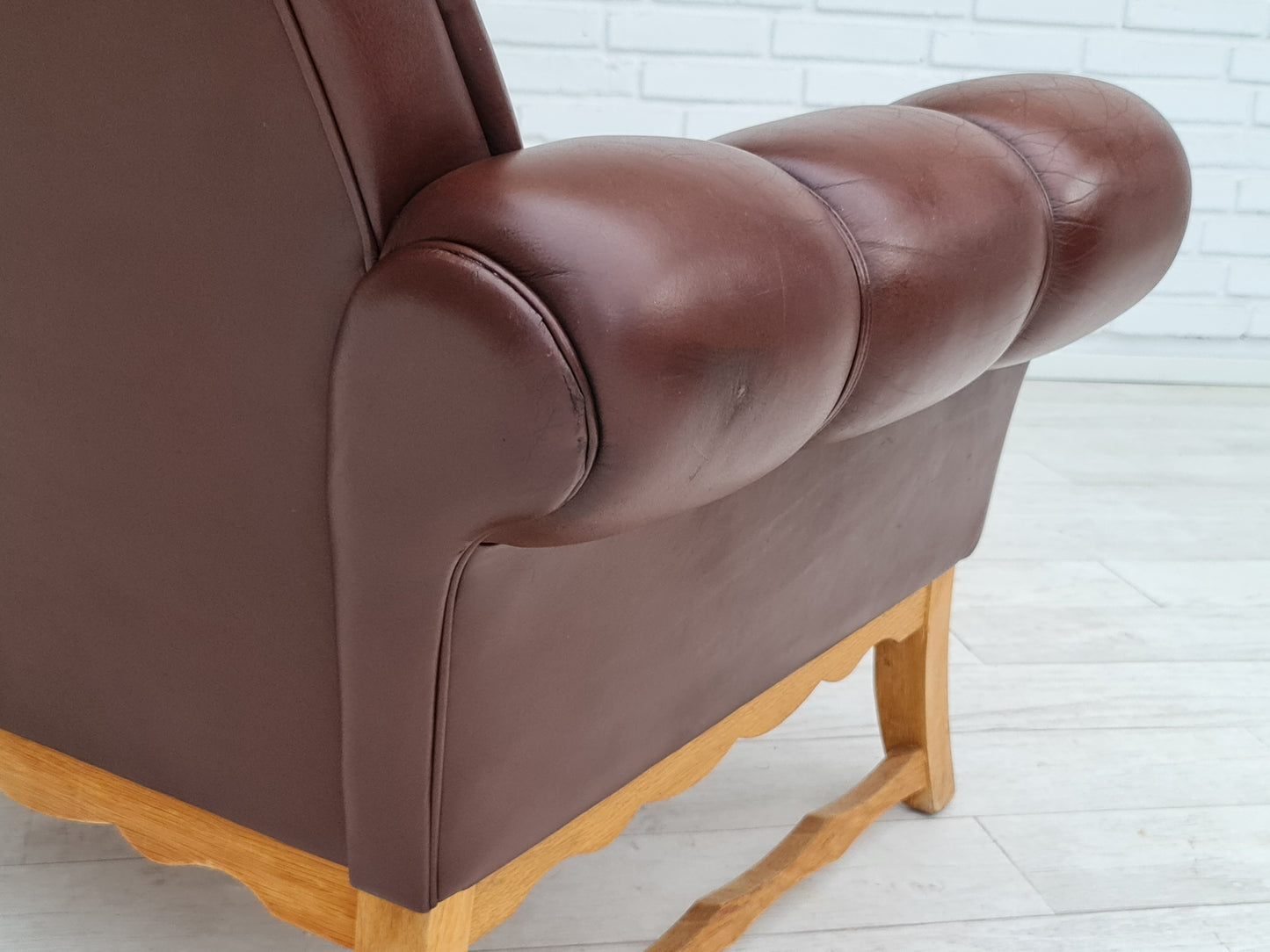 1970s, vintage Danish highback armchair, leather, oak wood.