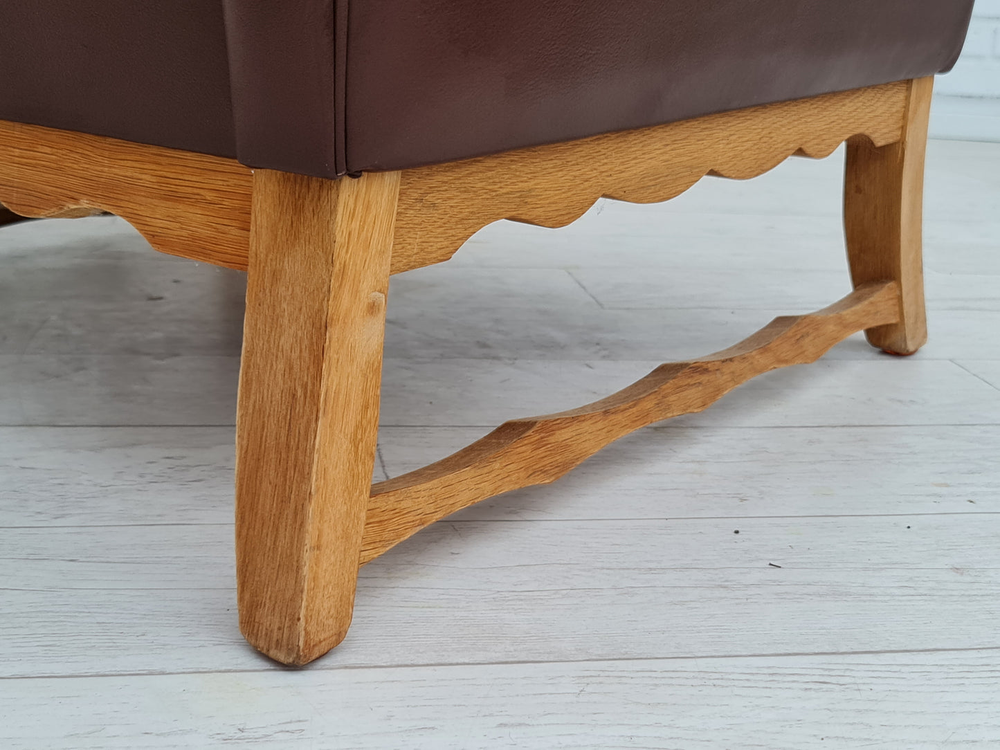 1970s, vintage Danish highback armchair, leather, oak wood.