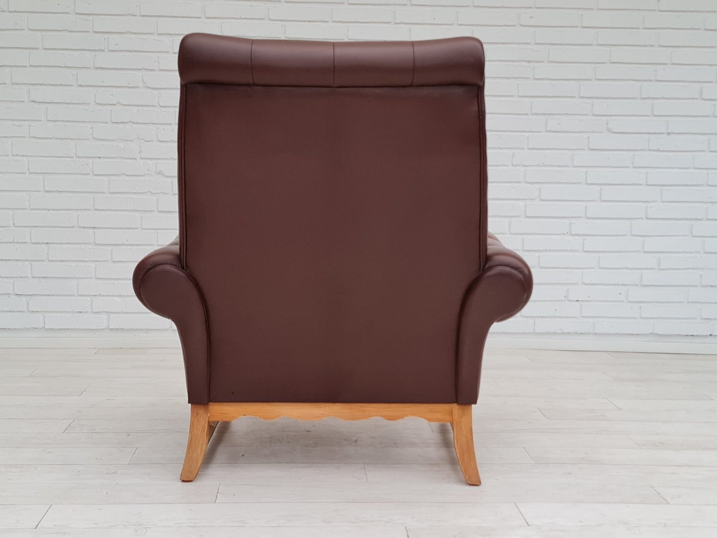 1970s, vintage Danish highback armchair, leather, oak wood.