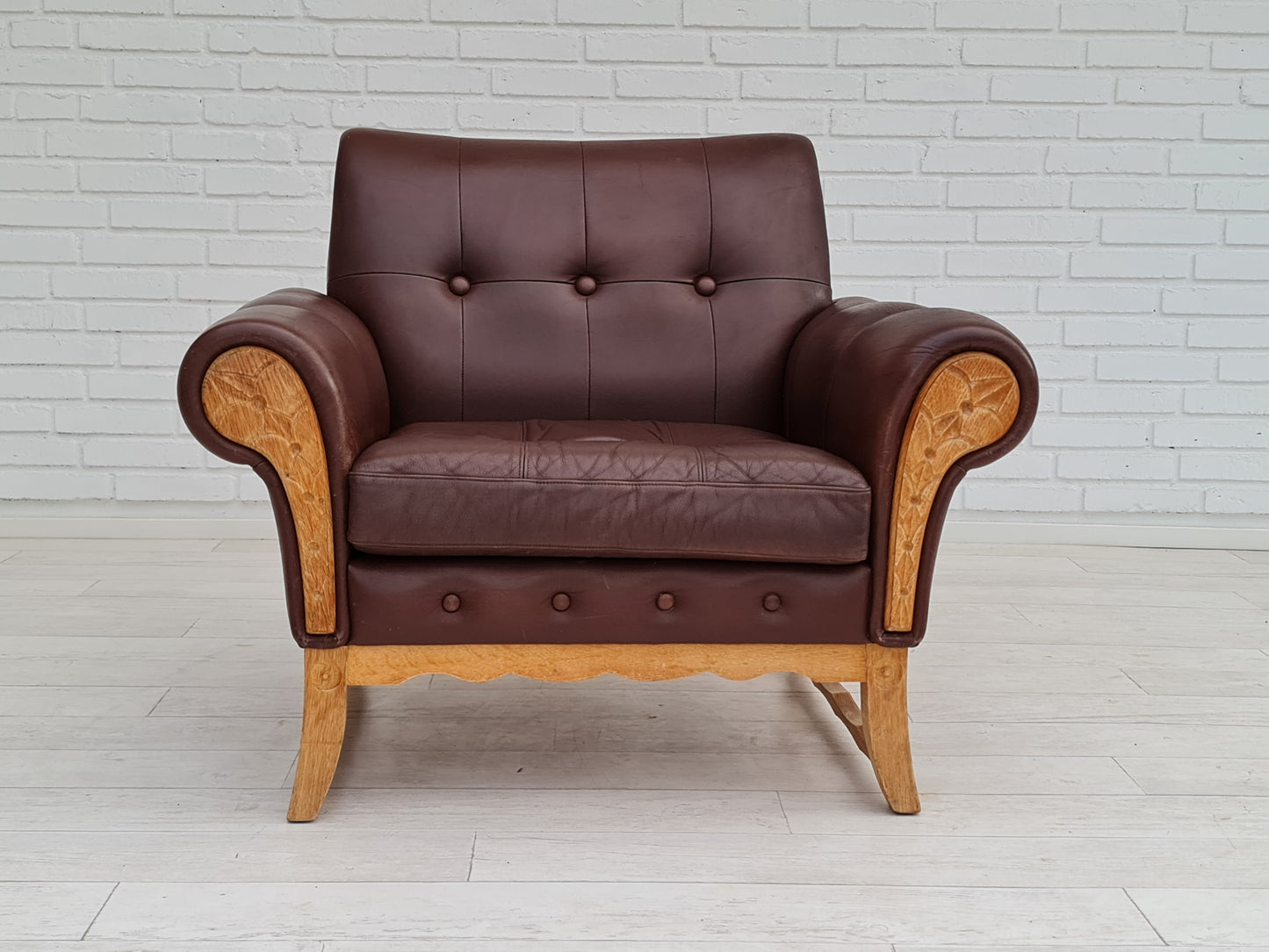 1970s, vintage Danish armchair, leather, oak wood, original condition.