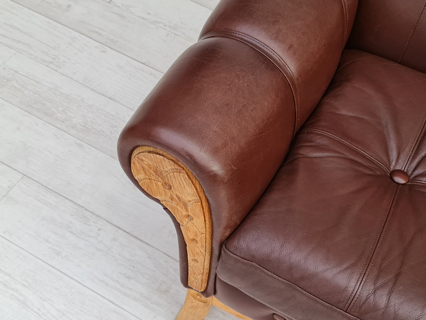 1970s, vintage Danish armchair, leather, oak wood, original condition.