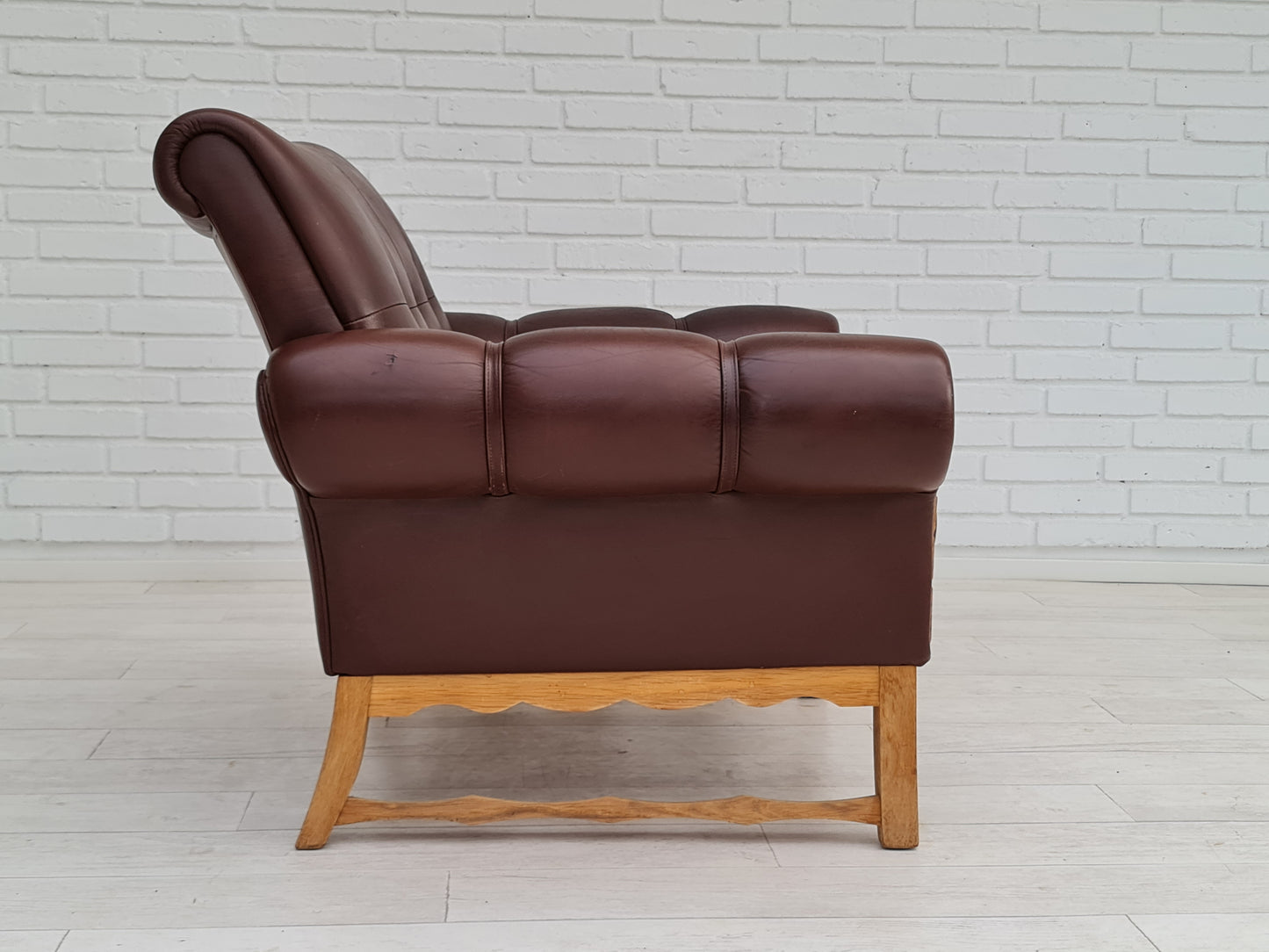 1970s, vintage Danish armchair, leather, oak wood, original condition.