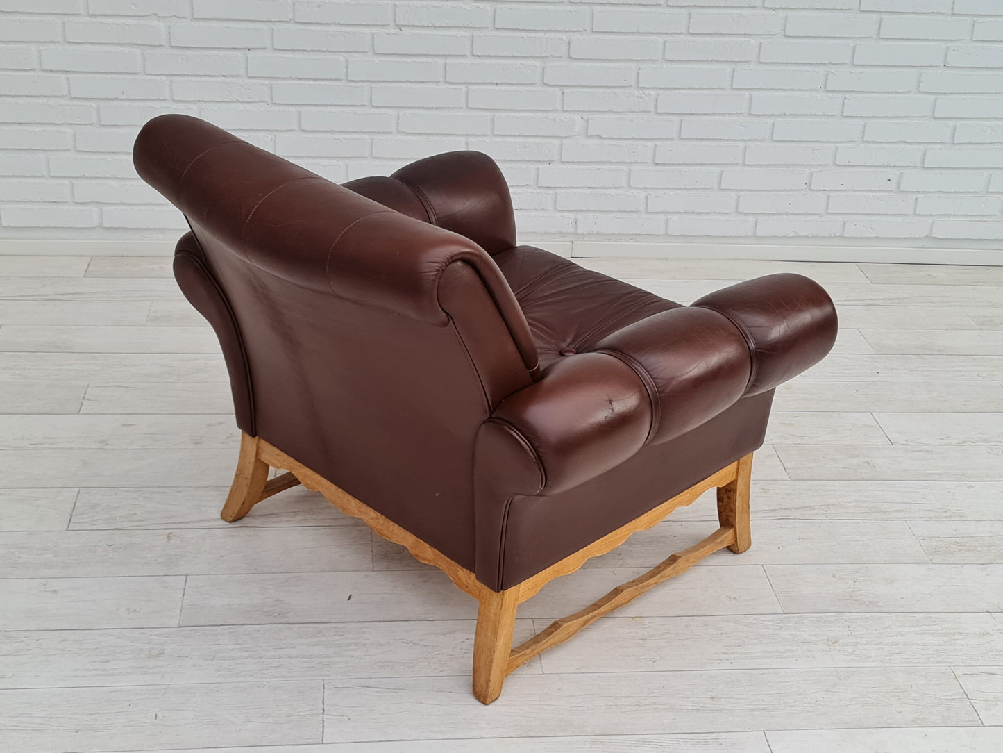 1970s, vintage Danish armchair, leather, oak wood, original condition.