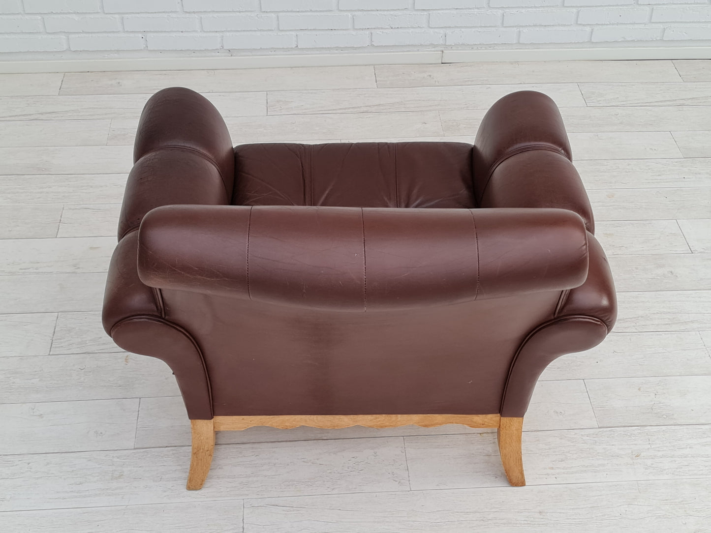 1970s, vintage Danish armchair, leather, oak wood, original condition.