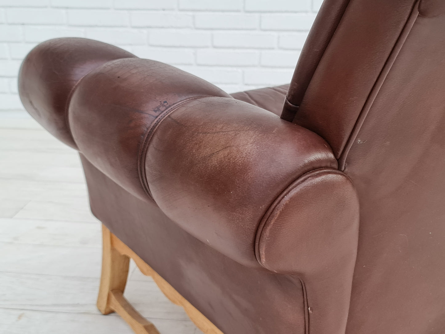 1970s, vintage Danish armchair, leather, oak wood, original condition.