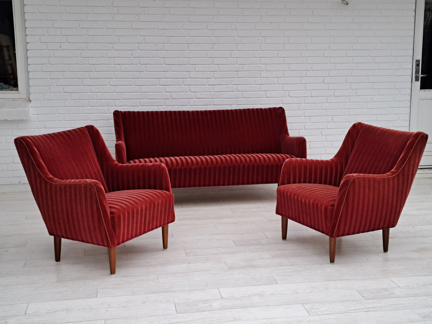 60s, Danish design, sofa set, 2 armchairs + sofa, velour, original very good condition.