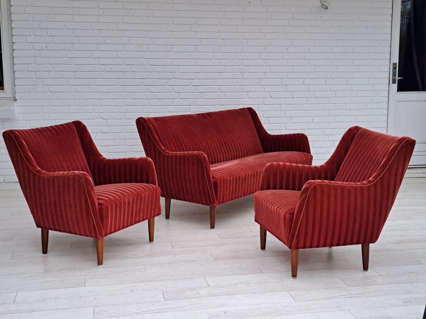 60s, Danish design, sofa set, 2 armchairs + sofa, velour, original very good condition.