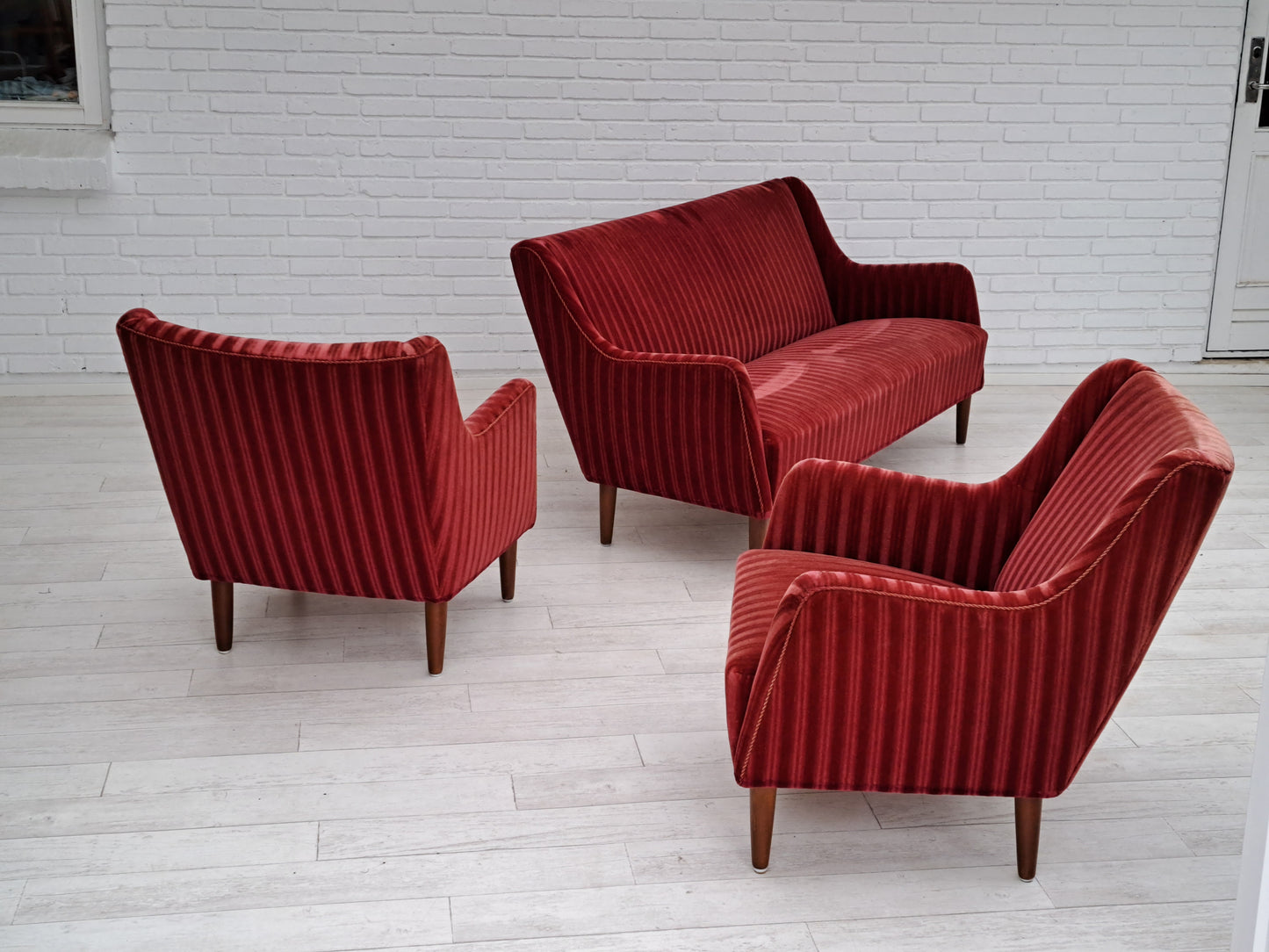 60s, Danish design, sofa set, 2 armchairs + sofa, velour, original very good condition.