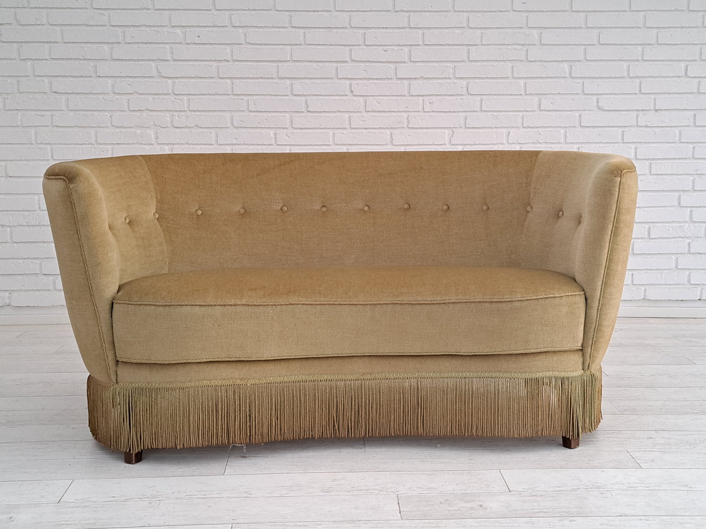 70s, Danish vintage 2 seater "Banana" sofa, velour, original condition.