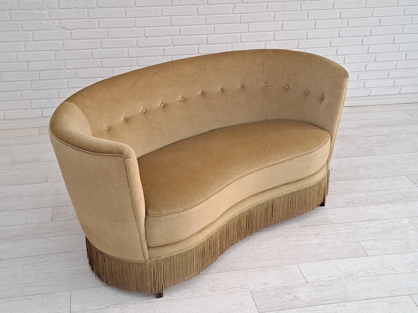 70s, Danish vintage 2 seater "Banana" sofa, velour, original condition.