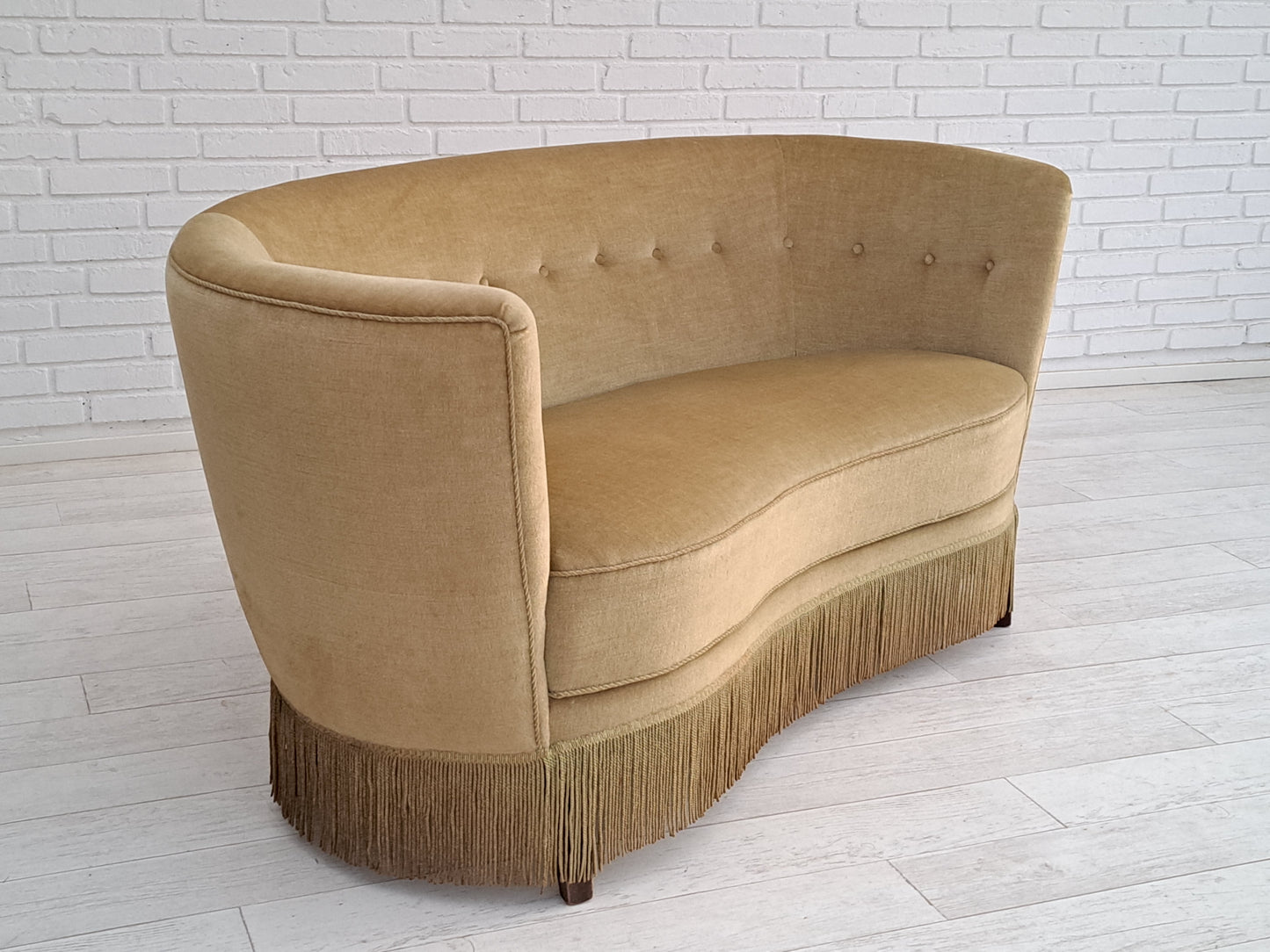 70s, Danish vintage 2 seater "Banana" sofa, velour, original condition.