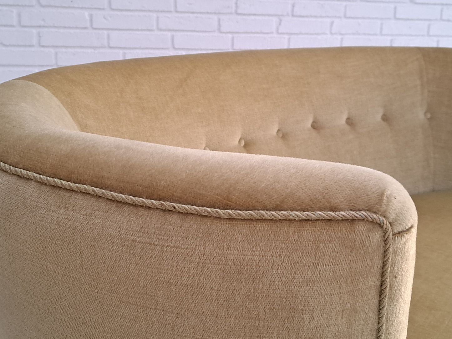 70s, Danish vintage 2 seater "Banana" sofa, velour, original condition.