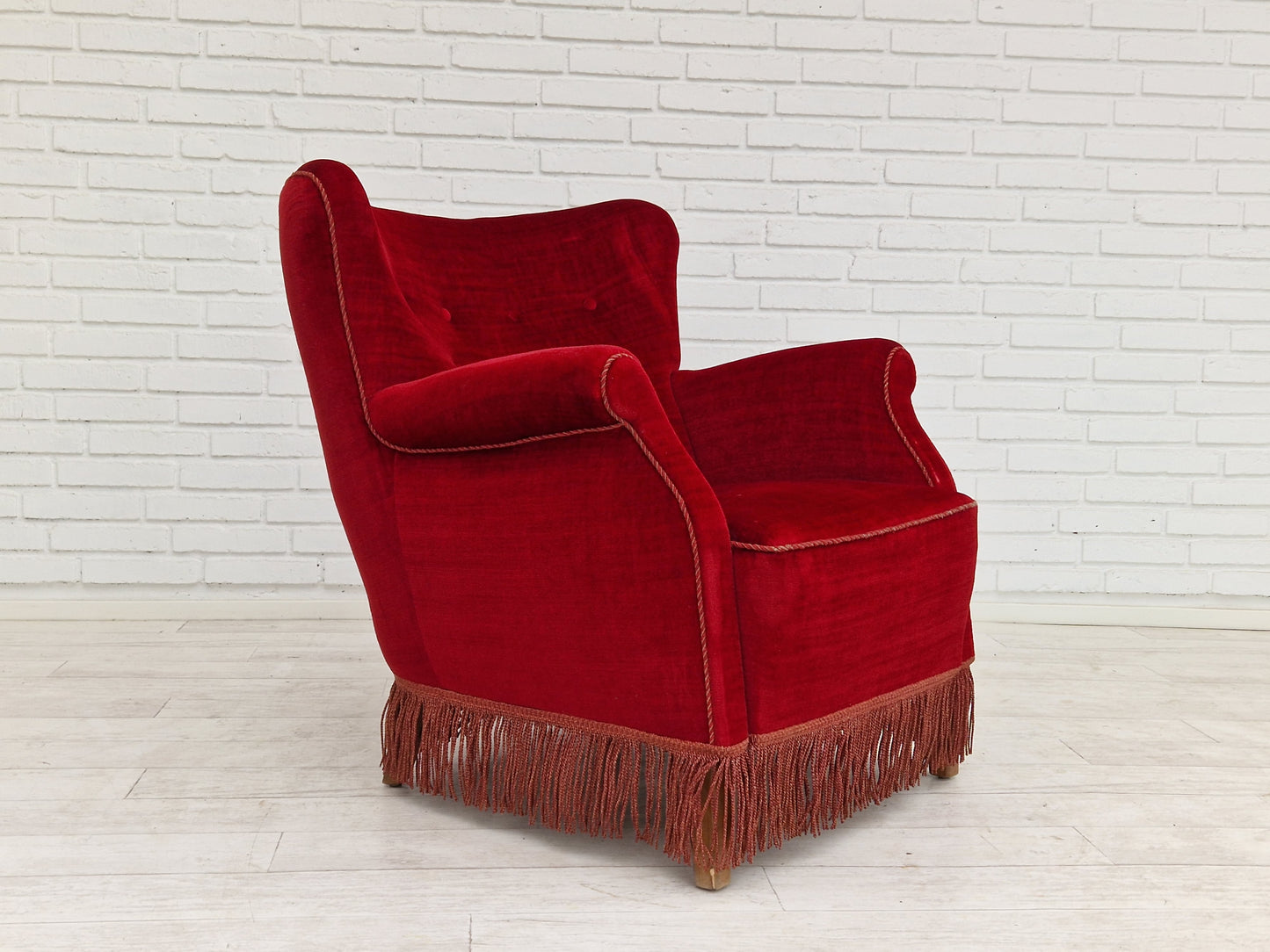 1960s, Danish vintage armchair in cherry-red velvet.