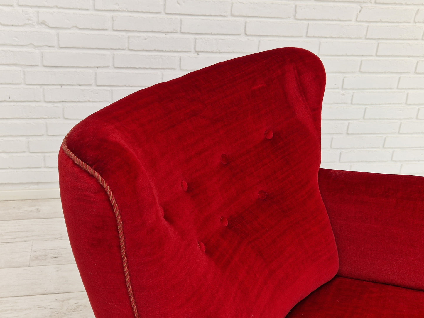 1960s, Danish vintage armchair in cherry-red velvet.